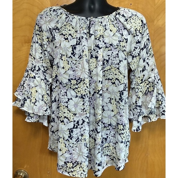 Chaps Tops - Chaps Womens Tunic Floral Top Keyhole Multi-Color Bell Sleeve Peasant Flowy L